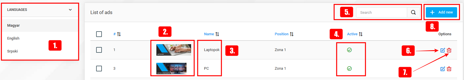 Banners (Ad positions) on the homepage