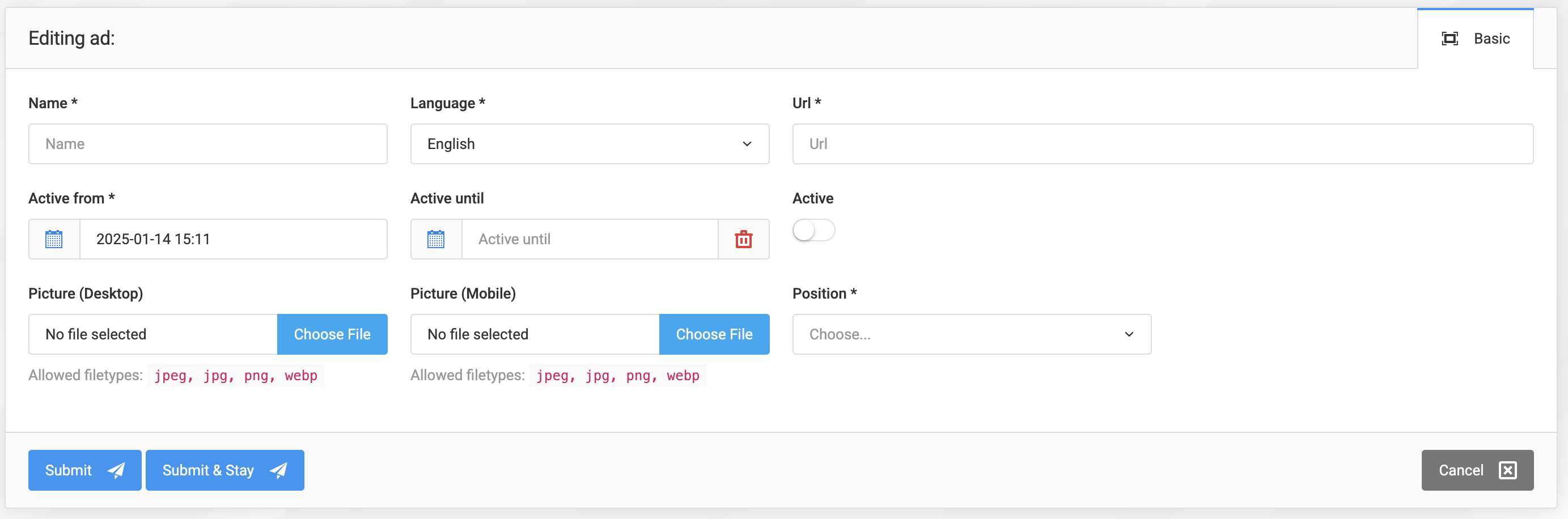 Banners (Ad positions) on the homepage