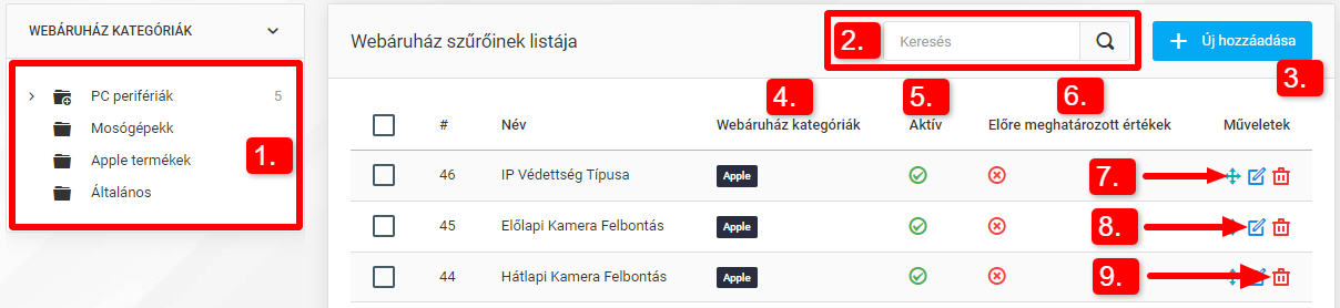 Webáruház szűrők