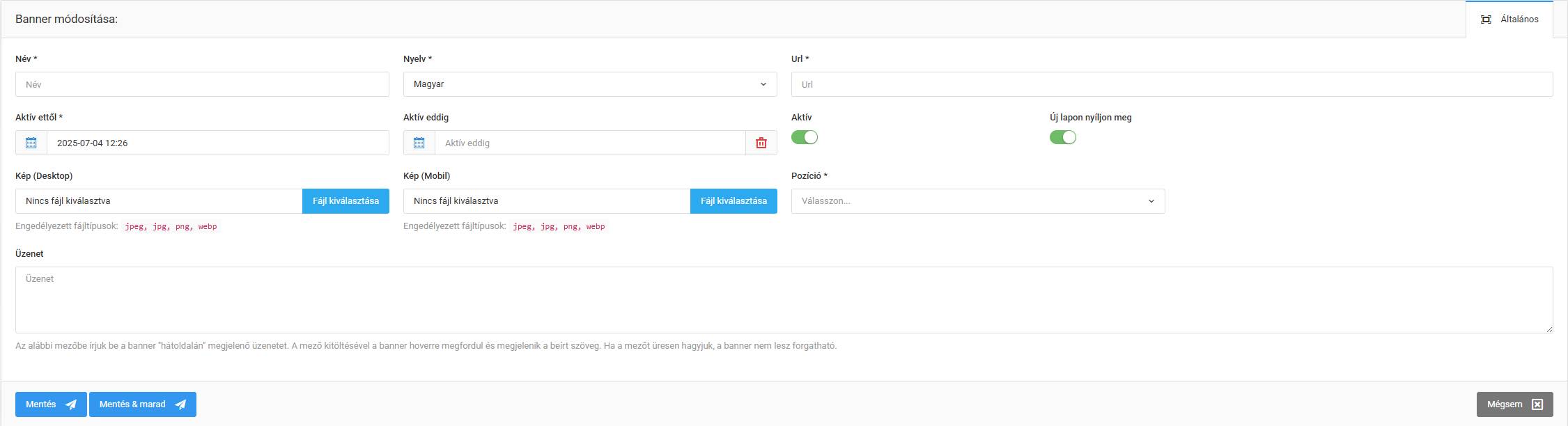 Bannerek (reklámpozíció) a kezdőlapon