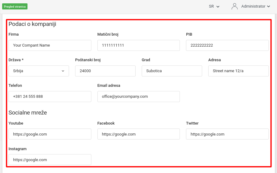 Konfigurisanje informacija o kompaniji