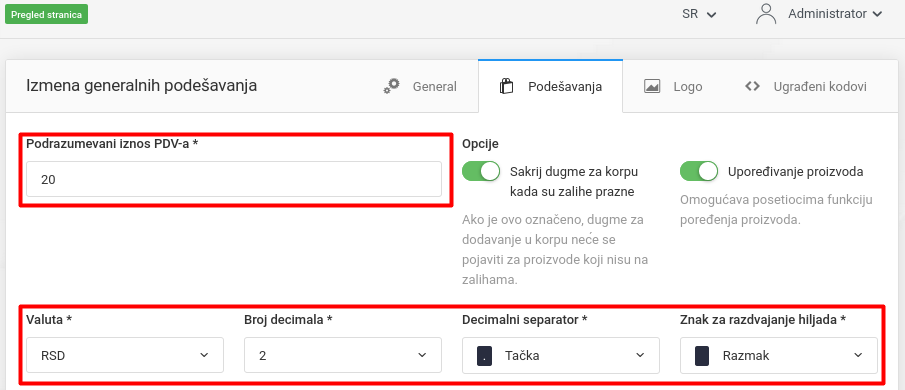 Podešavanje valute i poreza